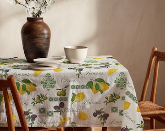 Zitrone Olive Tischdecke, mediterrane Bauernhaus Speise Leinen, Citrus Küche Dekor