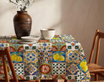 Mediterranean Lemon Tablecloth, Sicilian Tile Print, Coastal Dining Decor, Italian Linen
