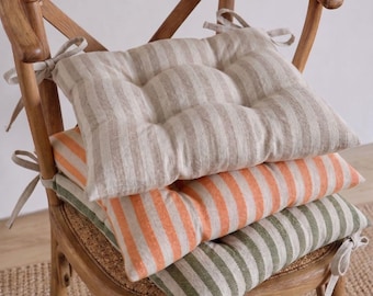 Striped Cotton Linen Chair Cushion with Ties: Farmhouse Seat Pad
