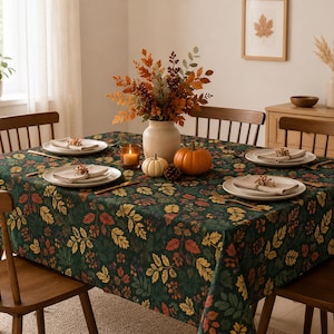 May include: A square dining table covered with a dark green tablecloth featuring a pattern of autumn leaves in yellow, orange, and red. The table is set with four white plates, beige napkins, and cutlery, centred with a vase of fall foliage.