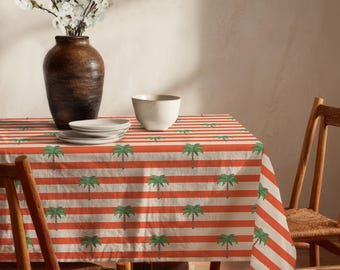 Palme Gestreifte Tischdecke, Tropische Küsten Sommer Esszimmer Abdeckung