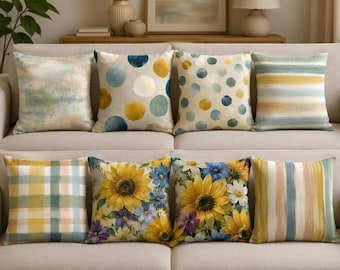 Sonnenblumen Blumenkissenbezüge, Pastell kariertes Kissen, Bauernhaus Sofa Dekor