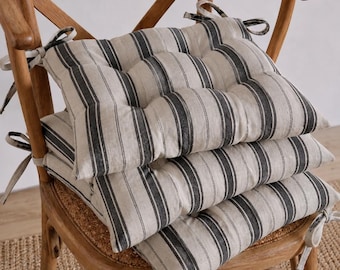 Cuscino per sedia in lino a righe nere, cuscino trapuntato in stile rustico con lacci.