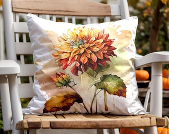 Autumn Dahlia Watercolor Pillow Cover: Rustic Farmhouse Cushion