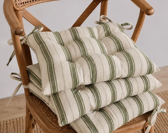 Cuscino per sedia in lino a righe verdi, cuscino trapuntato in stile rustico con lacci.