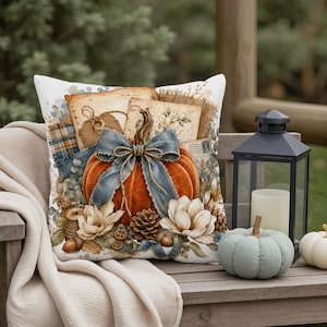 Peut inclure: Un coussin carré décoré d'une impression représentant une citrouille orange vive nouée d'un ruban bleu, entourée de fleurs de magnolia blanches, de pommes de pin, de glands, de boutons en bois et de papier vieilli sur fond blanc.
