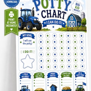May include: A potty chart featuring a blue tractor, a barn, and a grid for tracking progress with star icons. The text includes POTTY CHART, I CAN DO IT!, BIG KID MOVES!, MY GOAL, I DID IT!, I TOLD AN ADULT, I SAT ON THE POTTY, I WENT POTTY, STAYED DRY ALL DAY, I'M A POTTY PRO, and GREAT JOB!