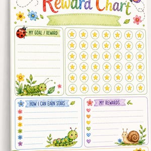 May include: A reward chart featuring colorful illustrations of a bee, dragonfly, butterfly, ladybug, grasshopper, caterpillar, and snail. The chart includes sections for goal, reward, star tracking, earning criteria, and notes with floral accents.
