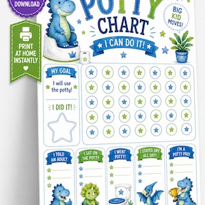 May include: A potty training chart with a dinosaur theme, featuring blue and green colours. The chart includes spaces for tracking progress, with phrases like "I can do it!" and "I'm a potty pro!" and the text "Digital Download".