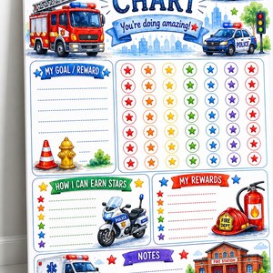 Notfallfahrzeug Belohnungstabelle Printable | Belohnungstabelle für Kleinkinder | Verhaltenstabelle für Kinder | Sofort Download