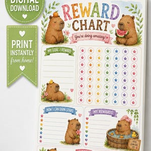 Könnte beinhalten: Ein Belohnungsdiagramm mit Illustrationen von braunen Wasserschweinen, bunten Sternen und Texten wie REWARD CHART, You're doing amazing!, MY GOAL / REWARD, HOW I CAN EARN STARS, MY REWARDS, NOTES und YOU CAN DO IT! auf weißem Hintergrund.