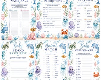May include: A set of six white paper baby shower game cards featuring blue text and watercolor illustrations of sea creatures including a turtle, dolphin, seahorse, jellyfish, octopus, crab, and clownfish, with coral and seashells at the bottom.