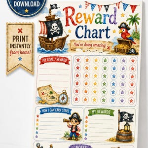 May include: A pirate-themed reward chart featuring a ship, a treasure chest, a parrot, and a child with a telescope. The chart includes sections for goals, rewards, notes, and rows of colorful stars. Text includes Reward Chart, You're doing amazing!, My Goal/Reward, How I Can Earn Stars, My Rewards, Notes, and Be Proud Be Brave Be You!