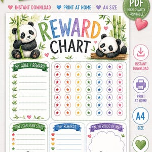 Può includere: Una tabella dei premi stampabile con illustrazioni di panda ad acquerello, steli di bambù e icone a stella colorate. Il documento include sezioni etichettate come My Goal/Reward, How I Can Earn Stars, My Rewards e I'm So Proud Of Me in formato A4.