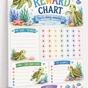 May include: A reward chart featuring watercolor sea turtles, colorful coral, and starfish. The text reads REWARD CHART, You're doing amazing!, MY GOAL / REWARD, HOW I CAN EARN STARS, MY REWARDS, and NOTES. It includes columns for tracking progress with stars.