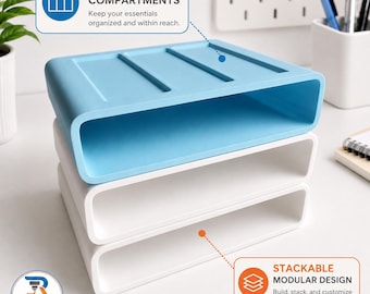 Stackable Desk Organizer | 3D Printed Modular Office Storage Tray | Pen Holder, Cable Holder, Notepad & Phone Organizer