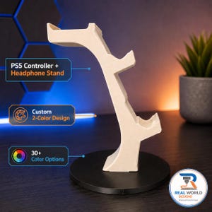 May include: A cream-colored PS5 controller and headphone stand with a black base. The stand has a unique, curved design and the text "PS5 Controller + Headphone Stand". It offers custom 2-color designs and over 30 color options.