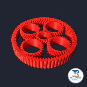 May include: A bright red 3D printed planetary gear assembly featuring a central sun gear surrounded by four smaller planet gears, all enclosed within a large outer ring gear. The logo for Real World Designs is visible in the bottom right corner.