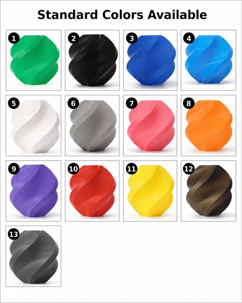 May include: A product display showcasing 13 spiral-shaped objects in various colors. The colors include green, black, blue, light blue, white, gray, pink, orange, purple, red, yellow, brown, and dark gray. The text "Standard Colors Available" is at the top.