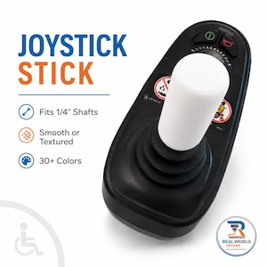 Puede incluir: Un cabezal de joystick cilíndrico blanco unido a una base de control de silla de ruedas negra. El texto JOYSTICK STICK es visible junto con iconos para compatibilidad con ejes de 1/4 de pulgada, opciones de textura y 30 más colores.