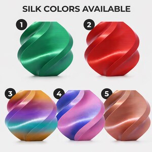 May include: A collection of five silk-colored, spiral-shaped vases. The vases are numbered and displayed in green, red, a gradient of purple and gold, pink and blue, and bronze. The text "SILK COLORS AVAILABLE" is at the top of the image.