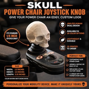 Skull Power Chair Joystick Knob | 1/4 Inch Shaft | Wheelchair Controller Topper | Mobility Aid Upgrade | Gothic Custom Knob
