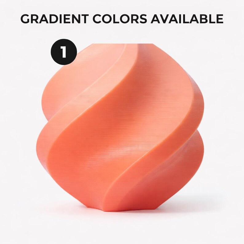 May include: A coral-colored, abstract sculpture with a twisted, symmetrical design. The piece has a smooth, matte finish and is set against a white background. The text "GRADIENT COLORS AVAILABLE" is at the top, with the number "1" in a black circle.