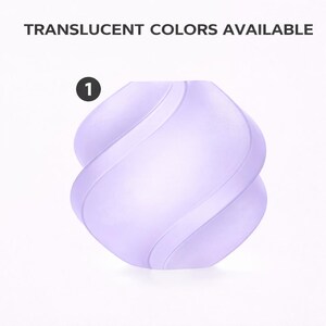 May include: A translucent, lavender-colored decorative object with a unique, twisted design. The image features the text "TRANSLUCENT COLORS AVAILABLE" at the top, with the number "1" in a black circle above the object. The object has a smooth, curved surface.