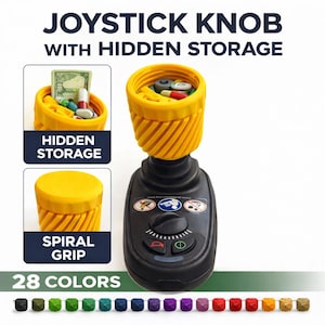 May include: A black joystick knob with a yellow spiral grip and hidden storage. The image shows the knob filled with pills and money. The text reads "JOYSTICK KNOB WITH HIDDEN STORAGE", "HIDDEN STORAGE", "SPIRAL GRIP", and "28 COLORS".