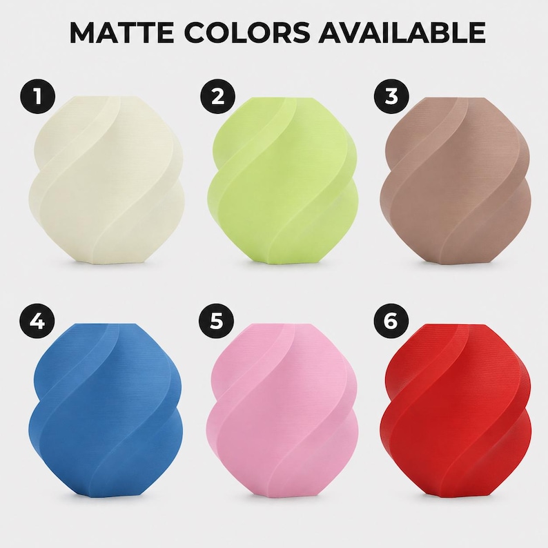May include: A selection of six matte-finish decorative vases in various colors. The vases have a unique, twisted design. Colors include cream, lime green, brown, blue, pink, and red. The text "MATTE COLORS AVAILABLE" is at the top of the image.