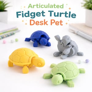 May include: Four colorful articulated fidget turtle desk pets in blue, yellow, gray, and green. The turtles have segmented shells and movable limbs. The text "Articulated Fidget Turtle Desk Pet" is at the top of the image.