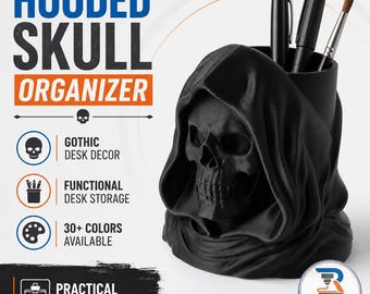 Hooded Skull Desk Organizer, Gothic Pen Holder, 3D Printed Skull Pencil Cup, Grim Reaper Desk Decor, Brush Holder, Halloween Office Decor