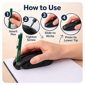 May include: A step-by-step guide on how to use a PrintLab pen holder. The image shows a green pen being inserted, a screw being tightened, the pen being slid to write, and the tip being pressed down. The text "How to Use" is at the top.