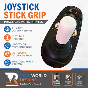 May include: A white cylindrical joystick stick grip for 1/4 inch shafts, measuring 2.25 inches tall and 1 inch round. The product is shown attached to a black joystick base with control buttons and icons. Text includes JOYSTICK STICK GRIP and PRACTICAL PARTS PRINTED.