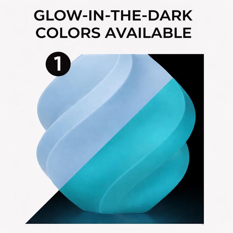 May include: A glowing, abstract sculpture with a swirling design, illuminated in shades of light blue and teal. The text "GLOW-IN-THE-DARK COLORS AVAILABLE" is at the top, with a number "1" in a black circle.