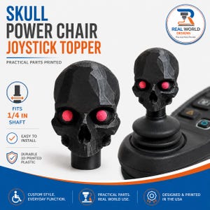 May include: A black, faceted skull joystick topper for a power chair, featuring bright pink eyes. The topper is designed to fit a 0.64 cm shaft. Text on the image includes SKULL POWER CHAIR JOYSTICK TOPPER, PRACTICAL PARTS PRINTED, and FITS 1/4 IN SHAFT.