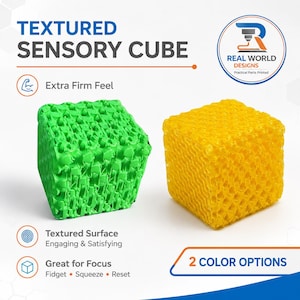 May include: Two textured sensory cubes, one green and one yellow, are displayed. The green cube has a grid-like pattern, while the yellow cube has a honeycomb design. The text reads "TEXTURED SENSORY CUBE" and "2 COLOR OPTIONS".