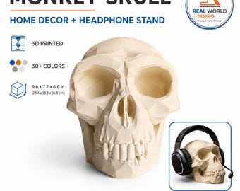 3D Printed Monkey Skull Headphone Stand | Gothic Skull Decor | Low Poly Primate Skull Display | Desk Decor | 30+ Colors