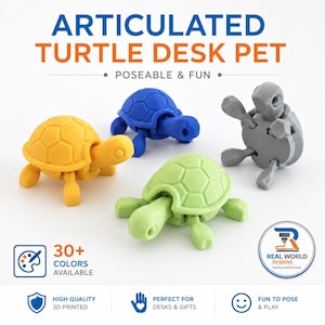 May include: Four articulated turtle desk pets in yellow, blue, light green, and gray. The text reads ARTICULATED TURTLE DESK PET, 30+ COLORS AVAILABLE, and REAL WORLD DESIGNS. The turtles have poseable limbs and shells with a geometric pattern.