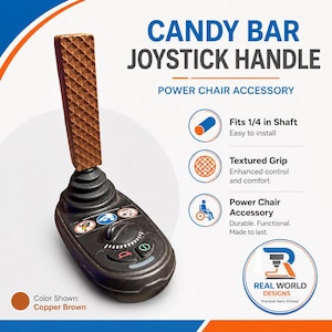 Puede incluir: Un accesorio para silla de ruedas Candy Bar Joystick Handle de color marrón cobrizo. El mango tiene un agarre texturizado y se adapta a un eje de 0,64 cm. También incluye el texto "Power Chair Accessory".
