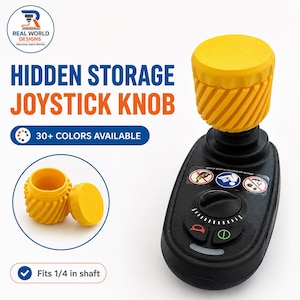 Peut inclure: Une base de joystick noire avec un bouton cylindrique jaune en spirale doté d'un compartiment de rangement caché. Le texte indique : REAL WORLD DESIGNS, HIDDEN STORAGE JOYSTICK KNOB, 30+ COLORS AVAILABLE, et Fits 1/4 in shaft.