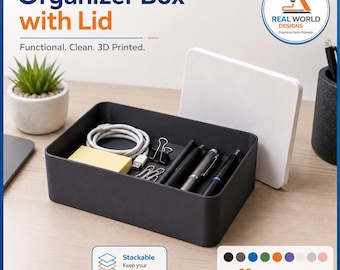 Stackable Organizer Box with Lid, Custom 2 Color Storage Bin, 3D Printed Desk Organizer, Small Parts Box, Home Office Storage