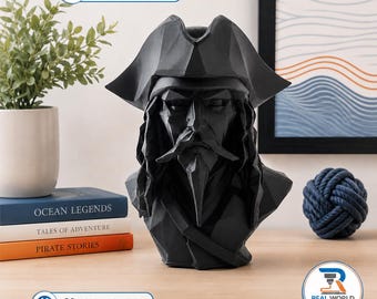 Pirate Bust Sculpture, Low Poly Pirate Statue, 3D Printed Pirate Decor, Beard & Hat Shelf Figure, 30+ Color Gift