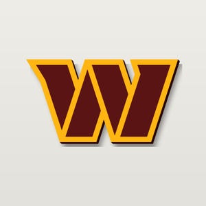 May include: A graphic logo featuring a stylised letter W in a bold, angular font. The letter is coloured in a deep maroon shade with a thick, bright yellow outline, creating a sharp contrast against the plain, light grey background.