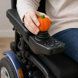 May include: An orange pumpkin-shaped joystick topper with a small green stem, attached to the black control panel of a power wheelchair. The pumpkin features vertical ridges and a textured surface, designed to fit over the standard joystick handle.
