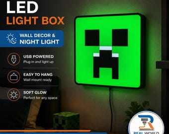 Creeper LED Light Box, Green Gaming Night Light, 3D Printed Pixel Wall Decor, USB Light Up Sign, Kids Bedroom Game Room Gift