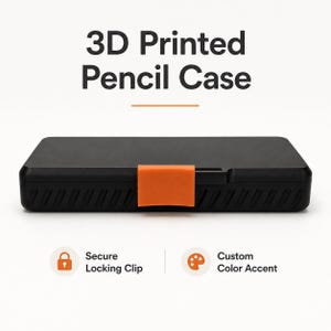 May include: A black 3D printed pencil case with an orange locking clip. The text "3D Printed Pencil Case" is at the top. The case has a custom color accent and a secure locking clip.