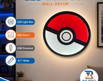Pokeball LED Light Box, Pokemon Inspired USB Wall Light, 9.1 Inch Gamer Room Decor, 3D Printed Night Light Gift