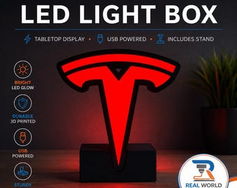 Tesla Inspired LED Emblem Light Box | 3D Printed USB Desk Lamp With Stand | Red EV Car Decor | Tabletop Logo Night Light Gift