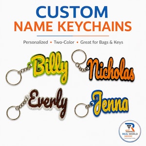 May include: Four custom name keychains with metal rings. The text reads CUSTOM NAME KEYCHAINS, Personalized, Two-Color, Great for Bags & Keys, and REAL WORLD DESIGNS. The names Billy, Nicholas, Everly, and Jenna are displayed in two-color designs.